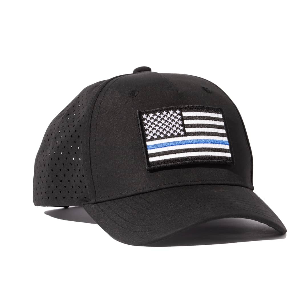 Honor And Oath black 5 panel baseball cap with thin red line USA flag patch