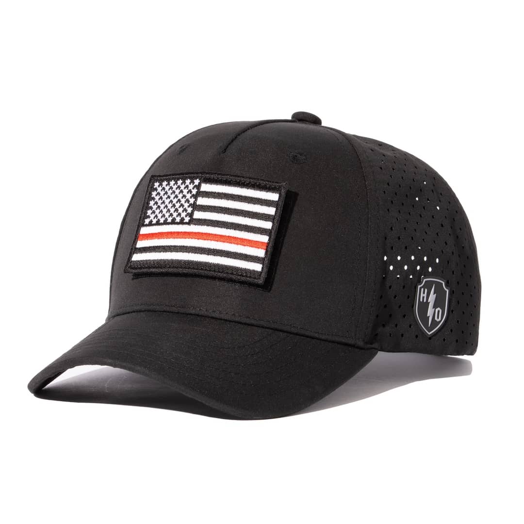 Honor And Oath black 5 panel baseball cap with thin red line USA flag patch
