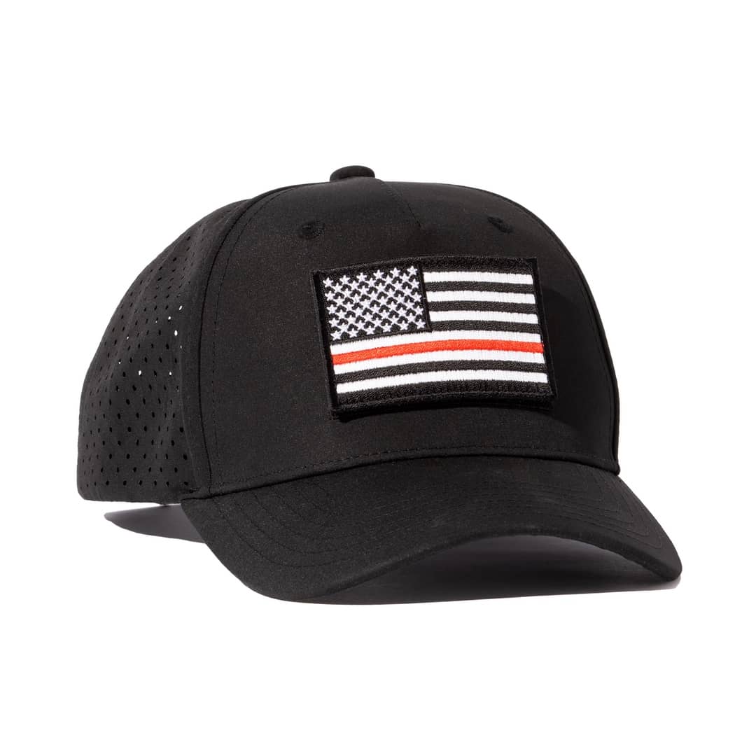Honor And Oath black 5 panel baseball cap with thin red line USA flag patch